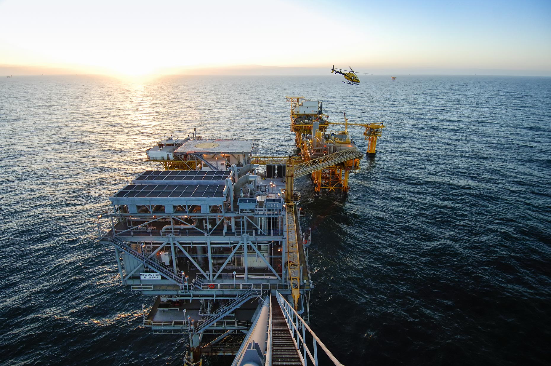 Offshore platform photographed from the boom flare, by industrial photographer Kevin Brown.